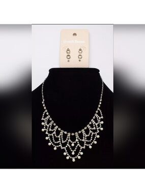 David's Bridal Silver and Pearl Necklace and Earring Set